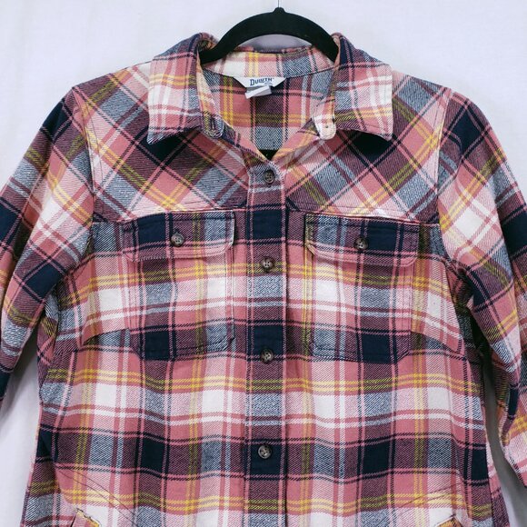 Duluth Trading Co Pink Folklore Flannel Duster Dress Plaid Button Up Size XS - Picture 2 of 16